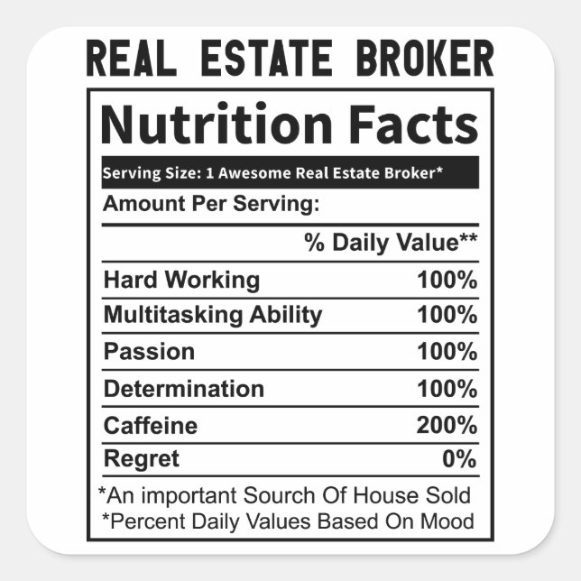 Funny Real Estate Broker Realtor Nutrition Facts Square Sticker (Front)