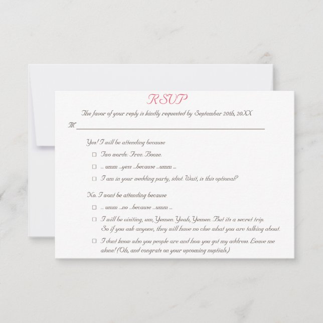 Funny Reasons Custom Wedding RSVP Invitation Card (Front)