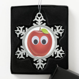 Funny Red Apple with Googly Eyes Snowflake Pewter Christmas Ornament