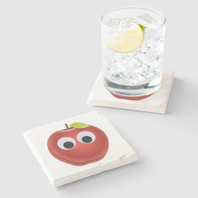 Funny Red Apple with Googly Eyes  Stone Coaster (Side)