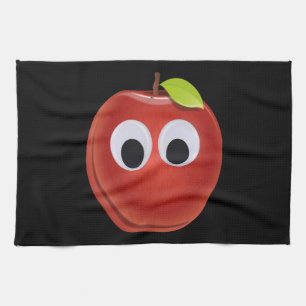 Funny Red Apple with Googly Eyes Tea Towel