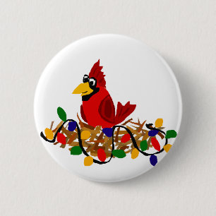 Funny Red Cardinal in Nest with Christmas Lights 6 Cm Round Badge