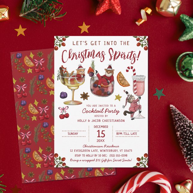 Funny Red Cat Christmas Spirit Cocktail Party  Invitation (Creator Uploaded)