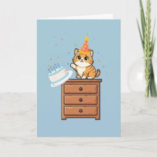 Funny Red Cat Pushing Birthday Cake, Cat Lover  Card