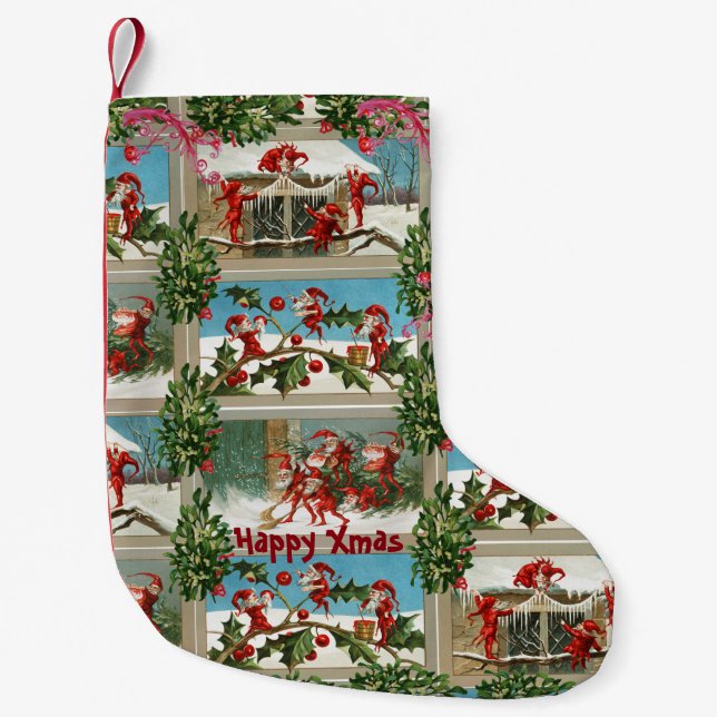 FUNNY RED CHRISTMAS ELVES,HOLLYBERRIES,MISTLETOES SMALL CHRISTMAS STOCKING (Front)
