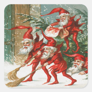 FUNNY RED CHRISTMAS ELVES SWEEPING IN THE SNOW SQUARE STICKER