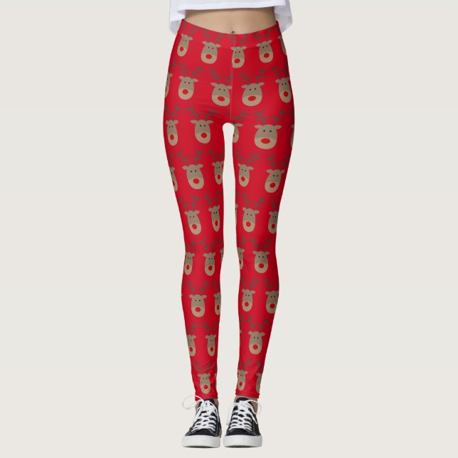 Funny red Christmas leggings with cute reindeer (Front)