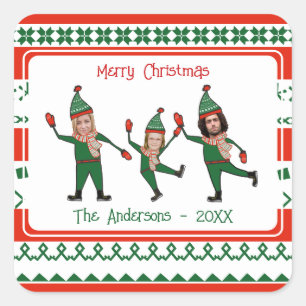 Funny Red Green Elf Family Photo Merry Christmas Square Sticker