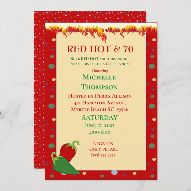 Funny Red Hot 70th  Birthday Invitations (Front/Back)