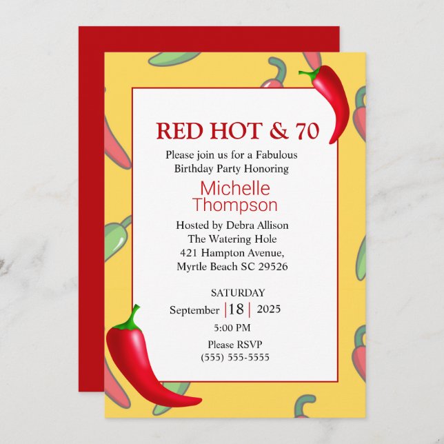 Funny Red Hot Pepper 70th  Birthday Invitation (Front/Back)