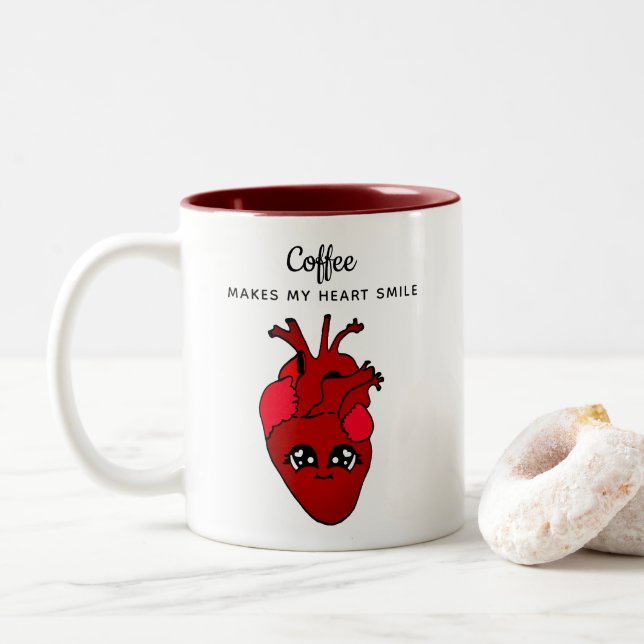 Funny Red Kawaii Heart Drawing Valentines Day Two-Tone Coffee Mug (With Donut)