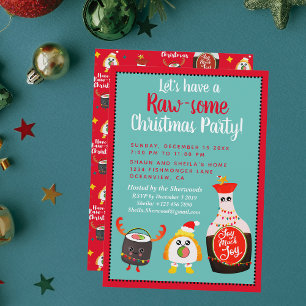 Funny Red Kawaii Sushi Festive Christmas Party Invitation