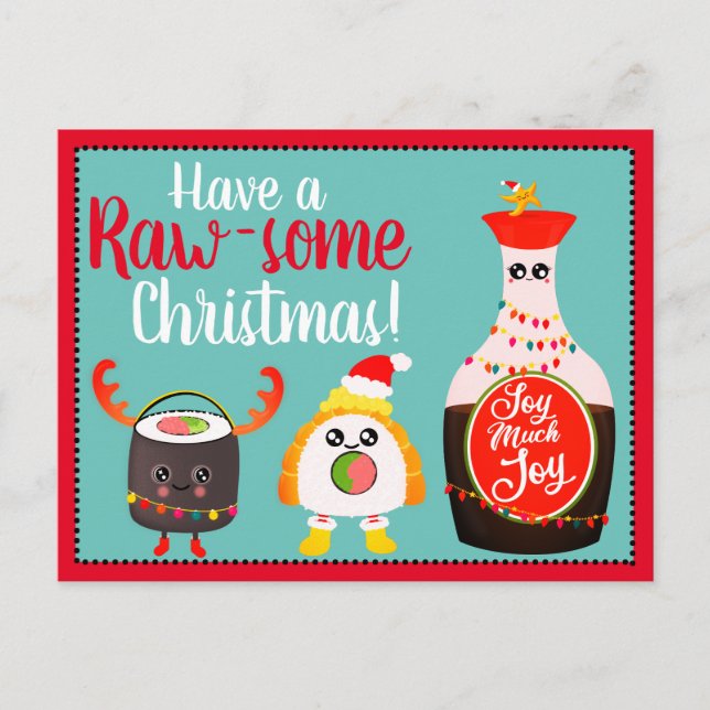 Funny Red Kawaii Sushi Food Pun Merry Christmas Postcard (Front)