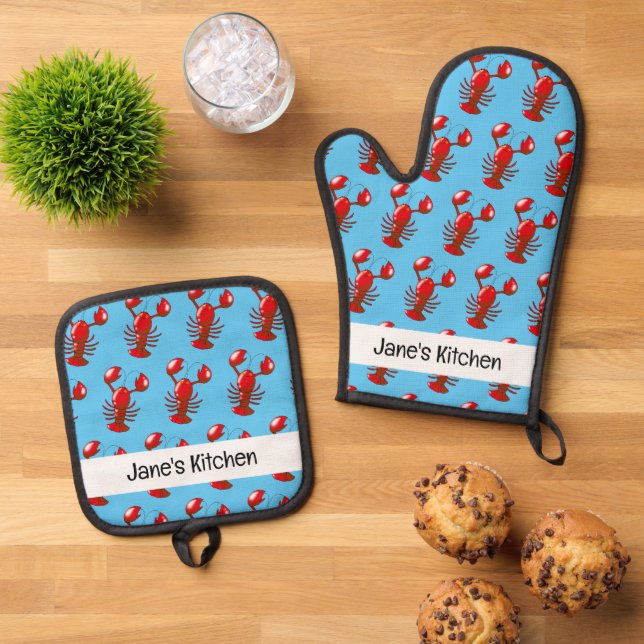 funny red lobster (name) oven mitt & pot holder set (Top Down)