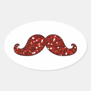 FUNNY RED MUSTACHE PRINTED GLITTER OVAL STICKER