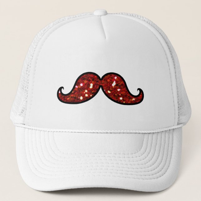 FUNNY RED MUSTACHE PRINTED GLITTER TRUCKER HAT (Front)