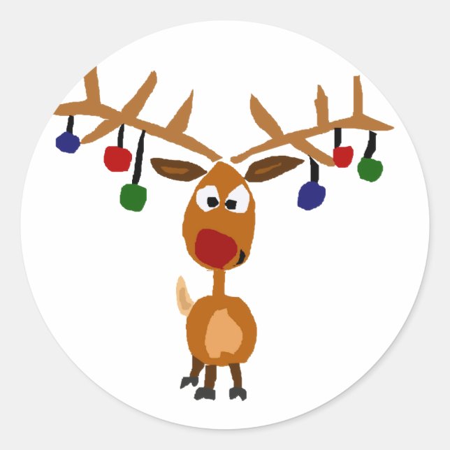 Funny Red Nosed reindeer Christmas Art Classic Round Sticker (Front)