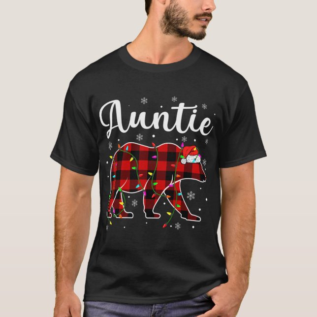 Funny Red Plaid Christmas Lights Auntie Bear Xmas  T-Shirt (Front)