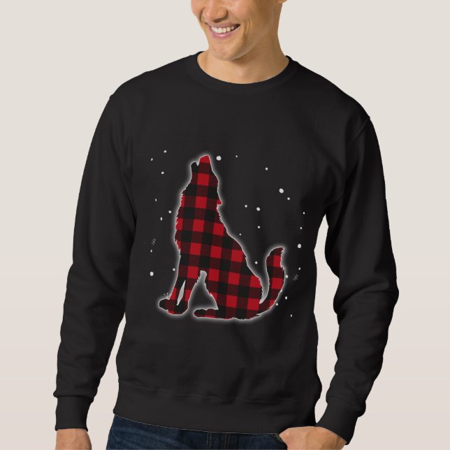 Funny Red Plaid Wolf Howling Matching Buffalo Fami Sweatshirt (Front)