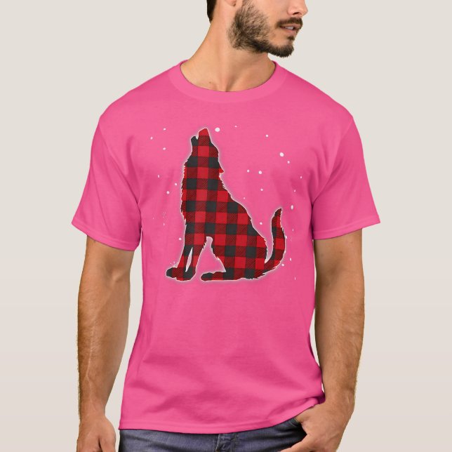 Funny Red Plaid Wolf Howling Matching Buffalo Fami T-Shirt (Front)