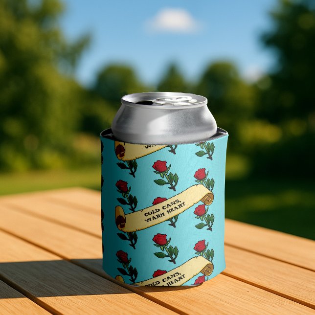 Funny Red Rose Cold Cans Warm Heart Ribbon Pattern Can Cooler (Creator Uploaded)