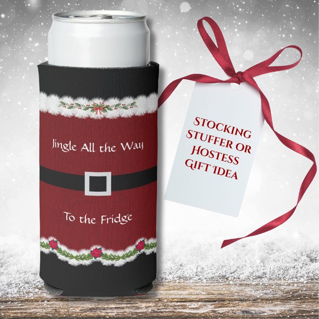 Funny Red Santa Suit Jingle All The Way Can Cooler (This hilarious Santa Suit can cooler makes a great stocking stuffer for your holiday party.)