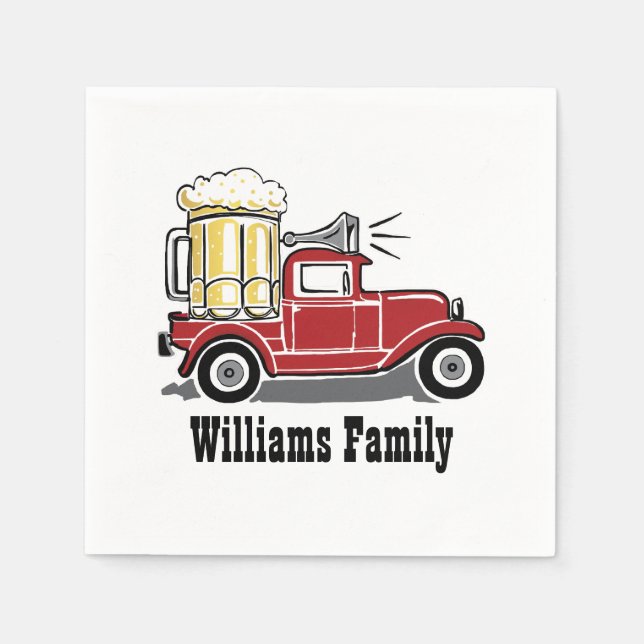Funny Red Vintage Truck Beer Glass Monogrammed Napkin (Front)