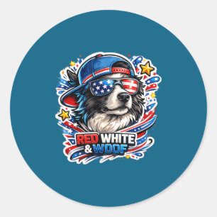 Funny red white and woof border collie dog classic round sticker