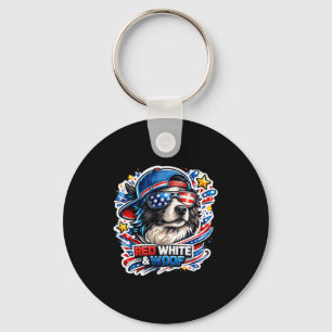 Funny red white and woof border collie dog key ring