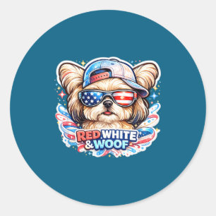 Funny red white and woof maltese dog patriotic usa classic round sticker