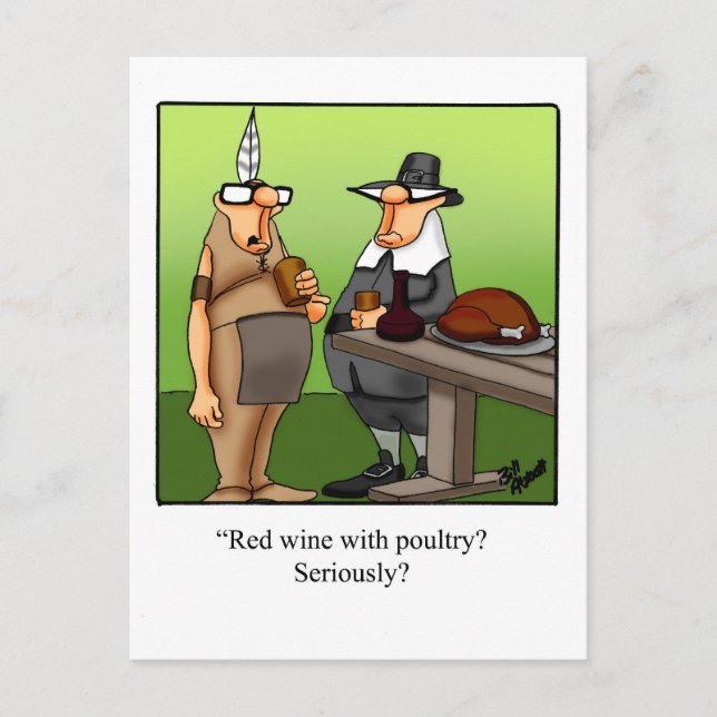 Funny Red Wine With Poultry Thanksgiving Postcard (Front)