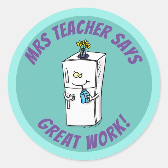 Funny refrigerator cartoon teacher award classic round sticker (Front)