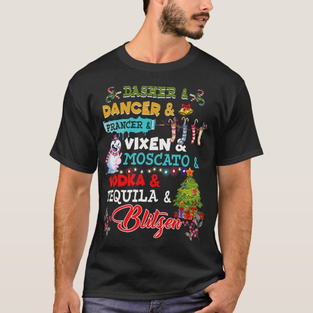 Funny Reindeer Alcohol Names Christmas Party Drink T-Shirt (Front)