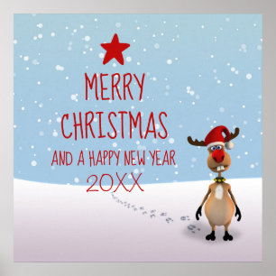 Funny Reindeer Christmas New Year Tree Poster