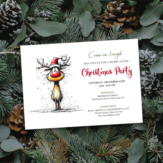 Funny Reindeer Hand Drawn Holiday Party Card (Funny Reindeer Hand Drawn Holiday Party Card)
