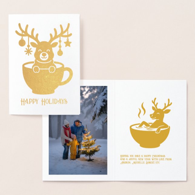 Funny Reindeer in a Cup Christmas Holiday Gold Foil Card (Display)