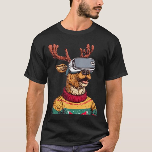 Funny Reindeer In Christmas Sweater And Vr Headset (Front)