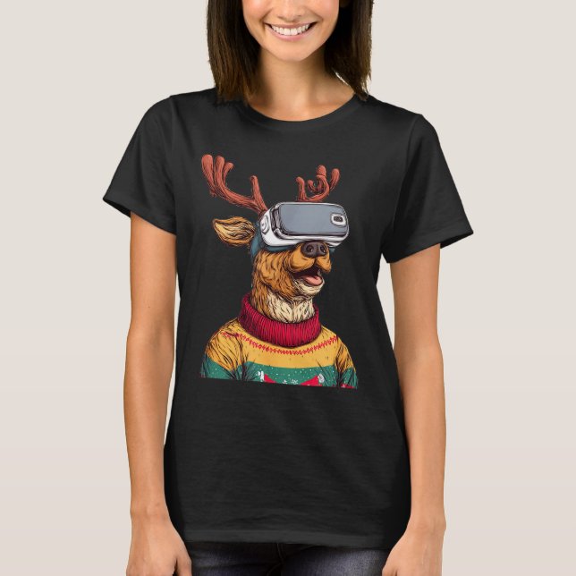 Funny Reindeer In Christmas Sweater And Vr Headset (Front)