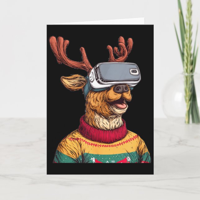 Funny Reindeer In Christmas Sweater And Vr Headset Card (Front)