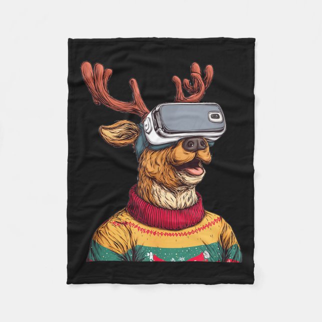 Funny Reindeer In Christmas Sweater And Vr Headset Fleece Blanket (Front)