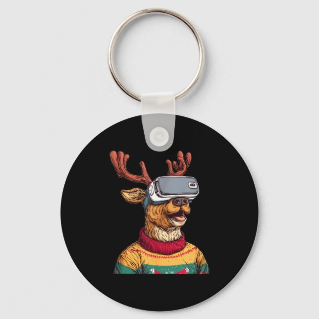 Funny Reindeer In Christmas Sweater And Vr Headset Key Ring (Front)