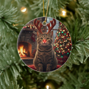 Funny Reindeer Kitty Rudolph Cat Christmas Ceramic Tree Decoration
