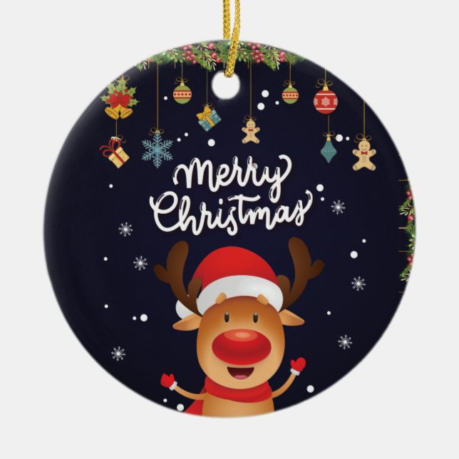 Funny Reindeer Merry Christmas Ceramic Tree Decoration (Front)