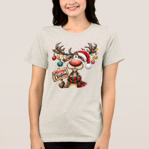 Funny Reindeer Merry Christmas Sign Ornaments Tri-Blend Shirt