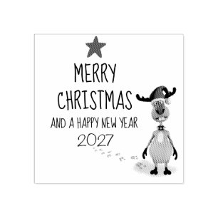 Funny Reindeer New Year Christmas Tree 2027 Rubber Stamp