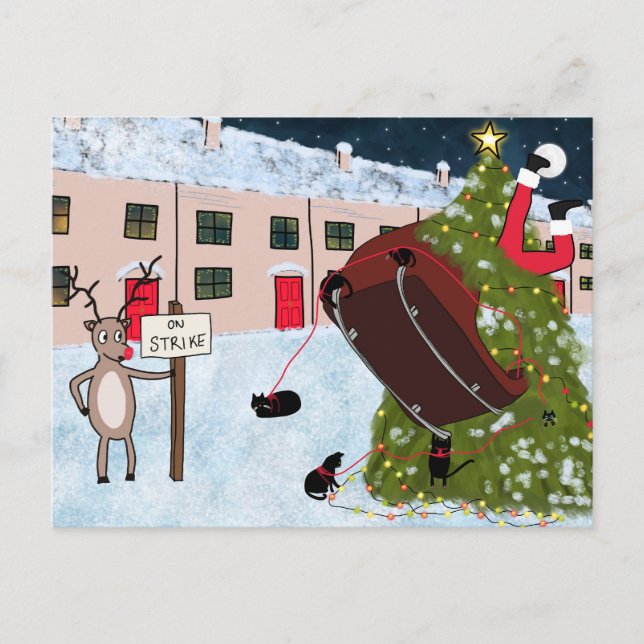 Funny Reindeer On Strike Cartoon Cat Christmas Holiday Postcard (Front)