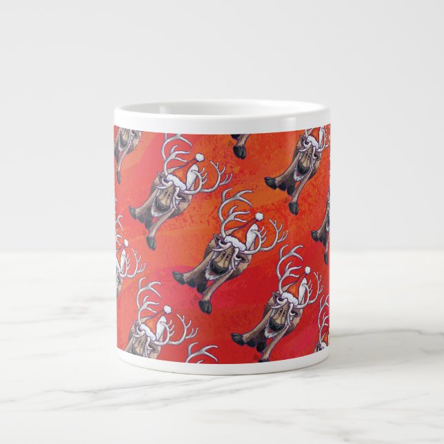 Funny Reindeer Pattern on Red Large Coffee Mug (Front)