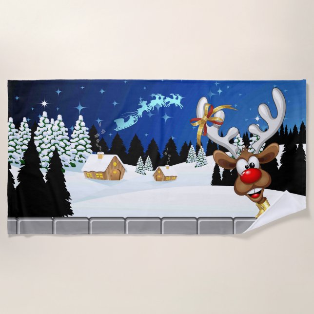 Funny Reindeer Peeking Christmas Meme  Beach Towel (Front)
