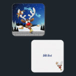 Funny Reindeer Peeking Christmas Meme  Card<br><div class="desc">A Funny cartoon reindeer with a bright red nose and large white antlers, adorned with a red and gold bow, peeks through an open window. Outside, a snowy landscape with silhouetted pine trees and a small, glowing house is visible under a dark blue, star-filled night sky. Santa's sleigh pulled by...</div>