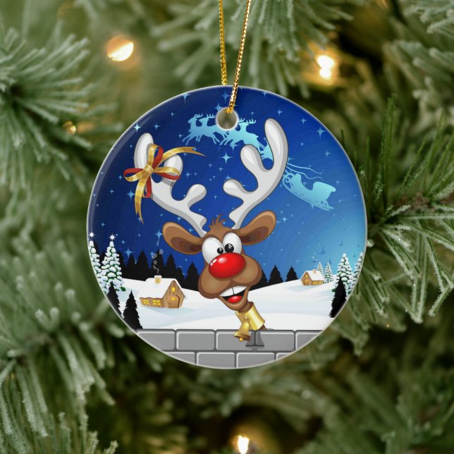 Funny Reindeer Peeking Christmas Meme  Ceramic Tree Decoration (Tree)